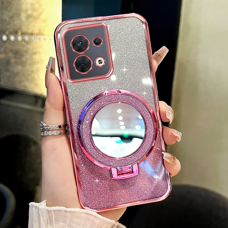 适用oppoReno9/9pro手机壳新款闪粉补妆镜支架防摔透明保护套女款