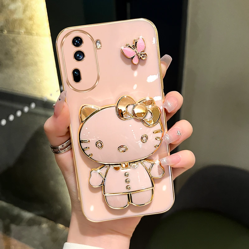 适用oppoReno11/11pro手机壳新款蝴蝶可爱猫咪补妆镜支架防摔女款