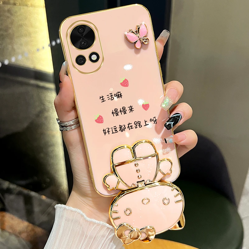 适用华为nova13手机壳蝴蝶好运都在路上猫咪补妆镜支架女款