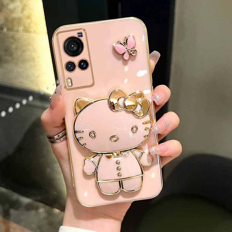 适用vivox60/x60t手机壳新款可爱猫咪补妆镜支架防摔保护套女款