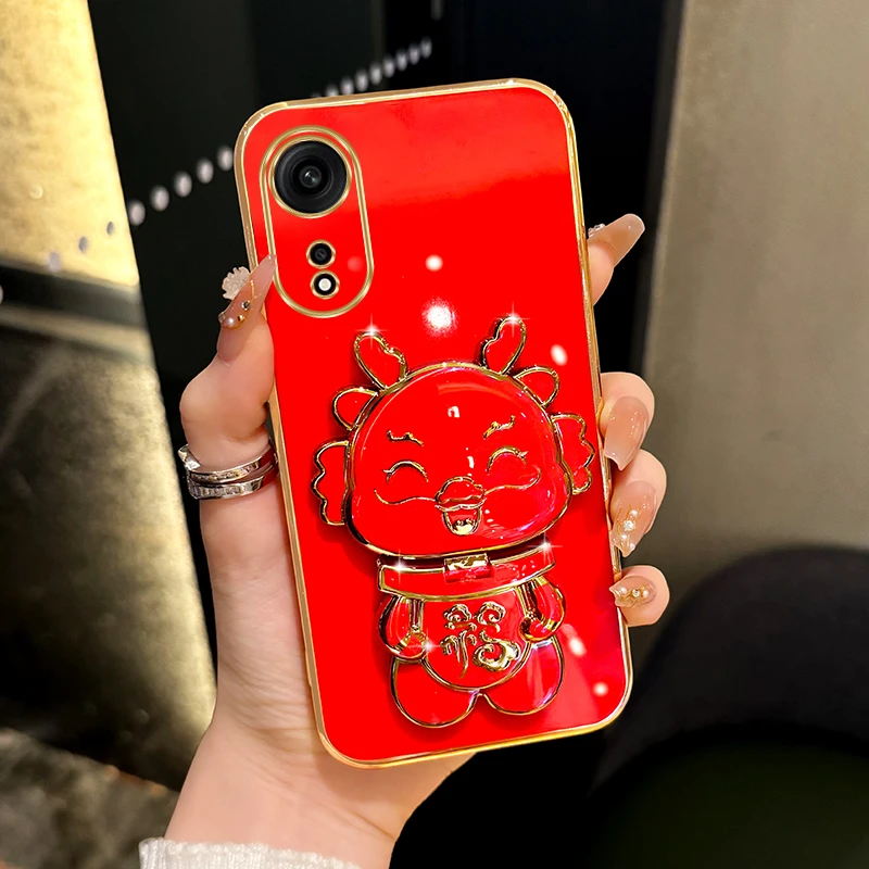 适用oppoA1/A1pro新年手机壳小福龙补妆镜支架保护套防摔电镀女款