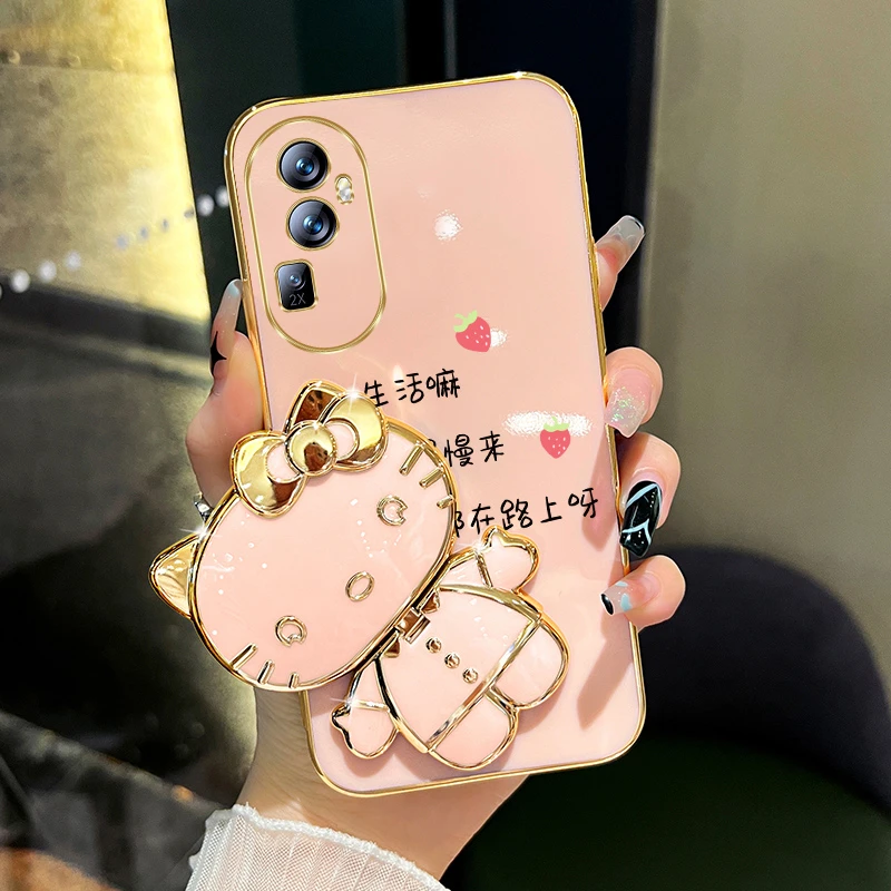 适用oppoReno11/11pro手机壳好运都在路上猫咪补妆镜支架防摔保护
