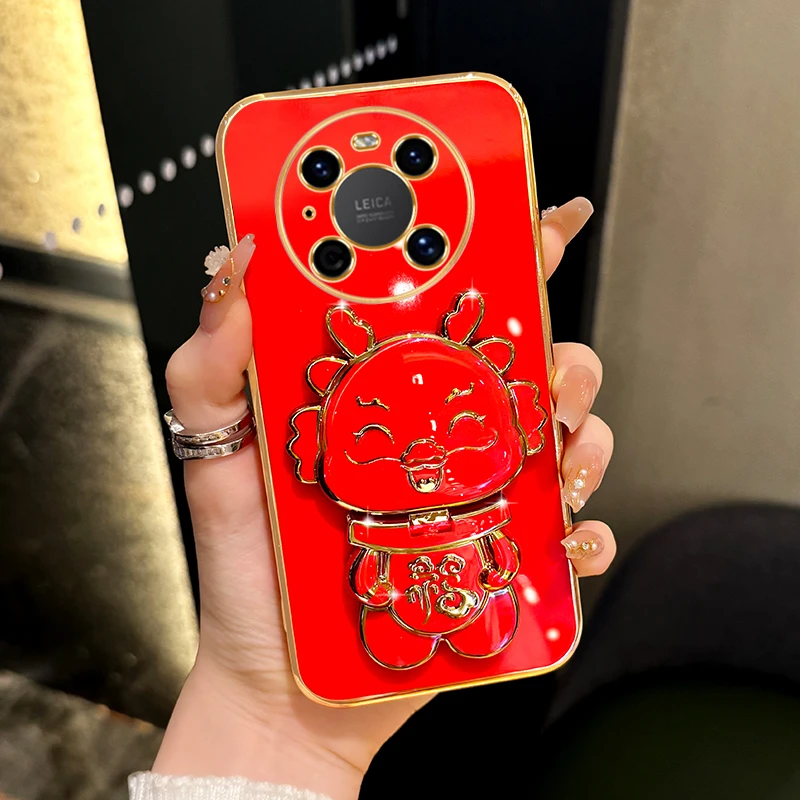 适用华为mate40pro新年手机壳小福龙补妆镜支架保护套中国风女款