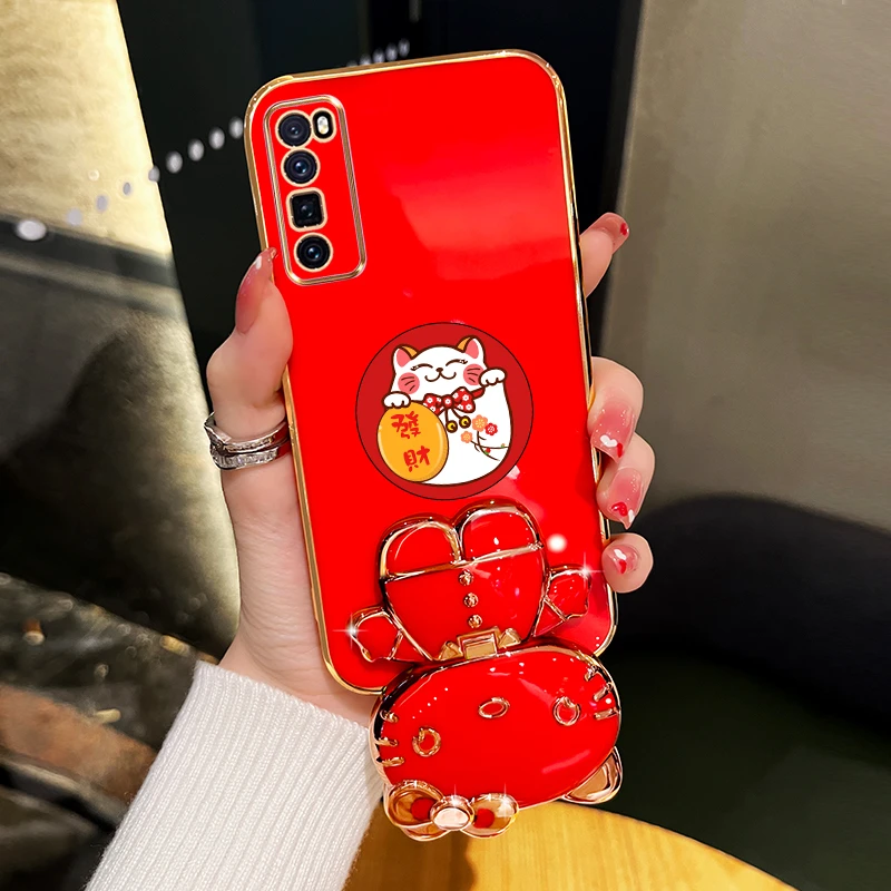 适用华为nova7pro新年手机壳发财可爱猫咪补妆镜支架防摔保护套
