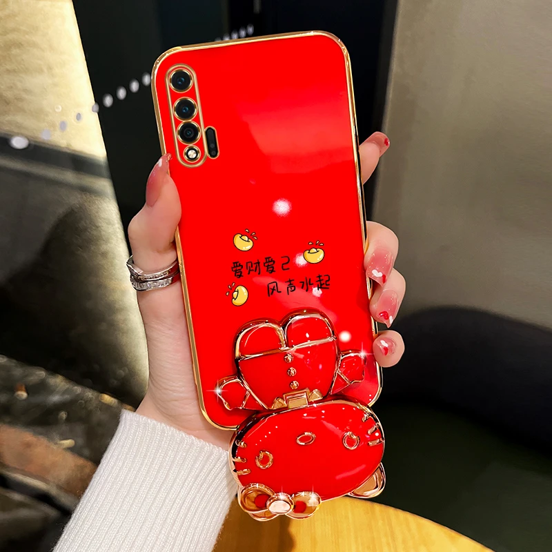 适用华为nova6 5g新年手机壳爱财爱己可爱猫咪补妆镜支架保护套