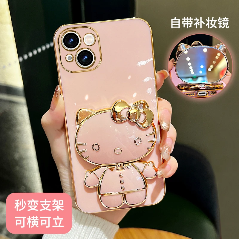 适用苹果13手机壳新款猫咪补妆镜支架保护套电镀硅胶防摔网红女款
