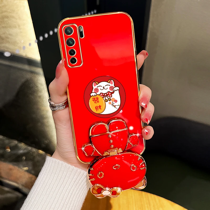 适用华为nova7se新年手机壳发财可爱猫咪补妆镜支架防摔保护套