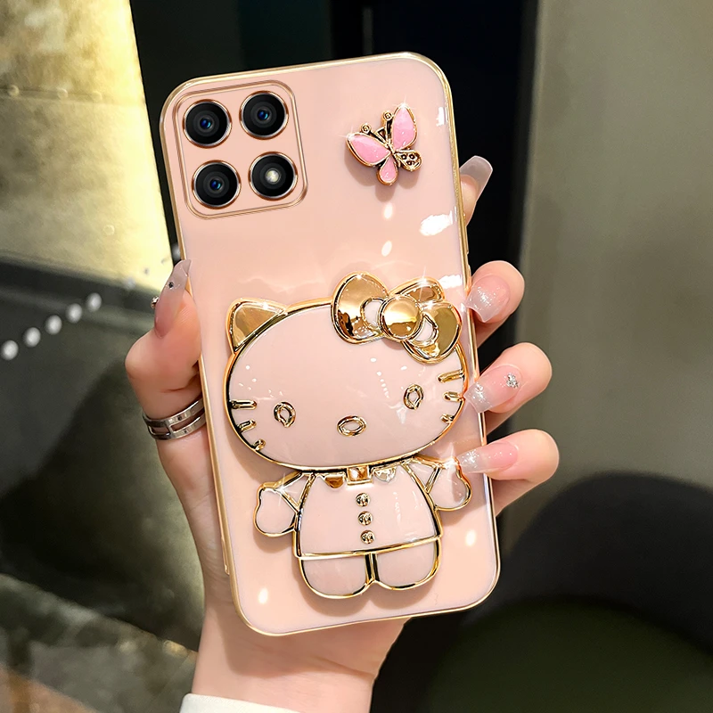 适用荣耀x30i手机壳蝴蝶可爱猫咪补妆镜支架防摔保护套网红女款