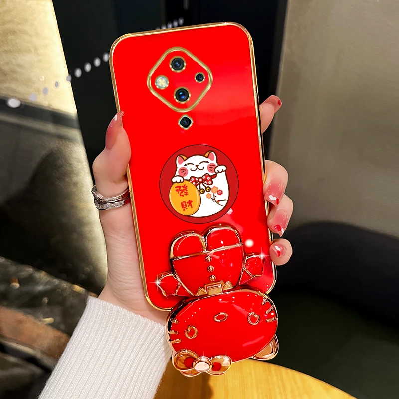 适用vivos5新年手机壳发财可爱猫咪补妆镜支架防摔保护套网红女款