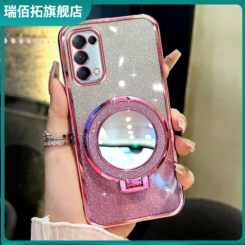 适用oppoReno5pro手机壳新款闪粉补妆镜支架防摔透明全包网红女款