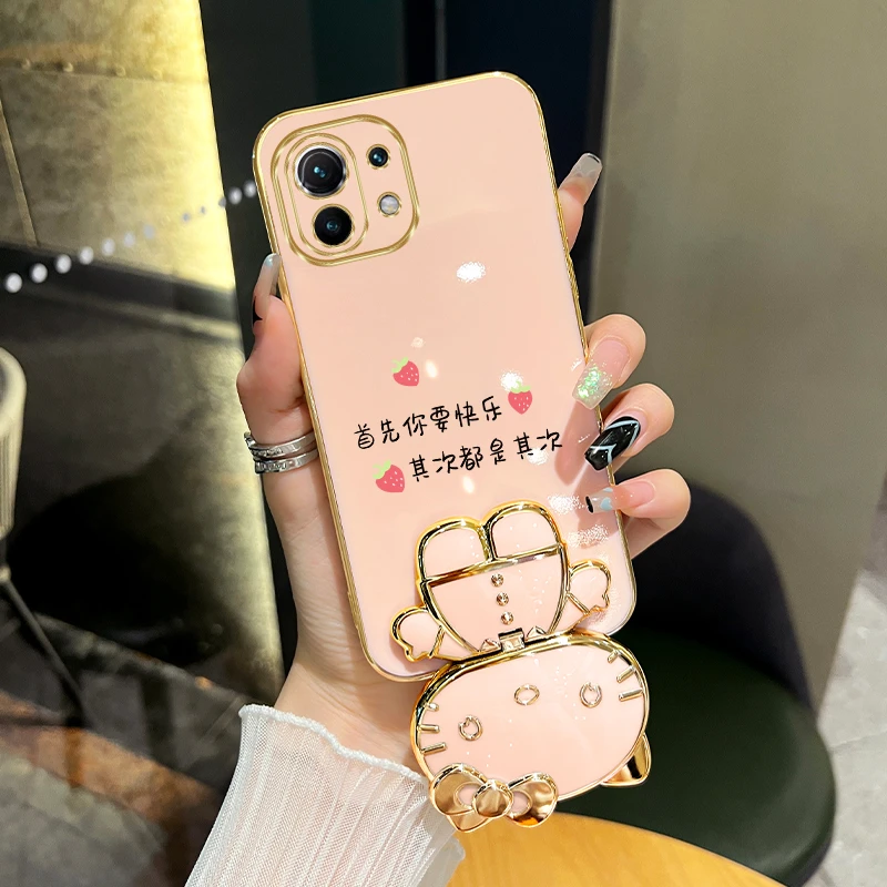 适用小米11青春版手机壳首先你要快乐猫咪补妆镜支架防摔保护女款