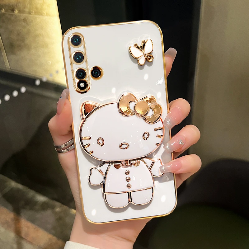 适用华为nova5/5pro手机壳蝴蝶可爱猫咪补妆镜支架防摔保护套女款