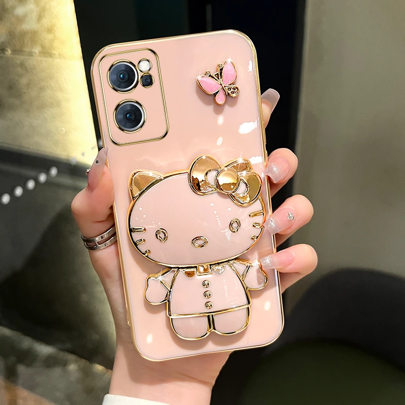 适用oppoReno7/7pro手机壳新款蝴蝶可爱猫咪补妆镜支架防摔套女款
