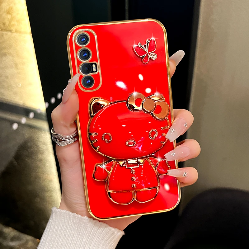 适用oppoReno3pro手机壳蝴蝶可爱猫咪补妆镜支架防摔保护套电镀壳