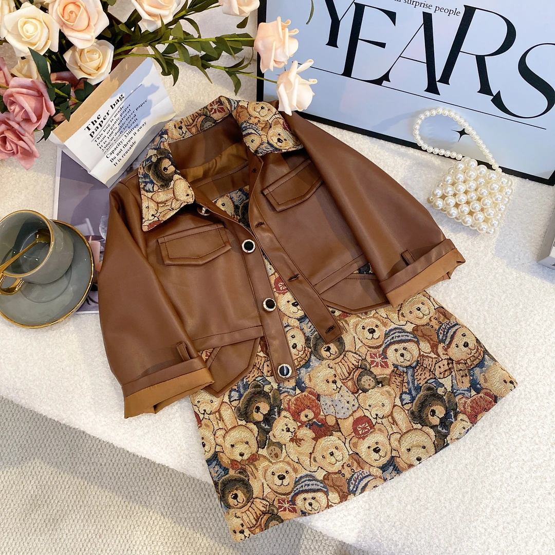 SD春季复古小熊提花女童轻奢小香风时尚儿童套装7199