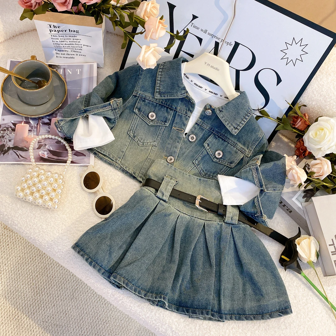 SD蓝色复古翻领长袖春款半身裙套装时尚洋气套装7035