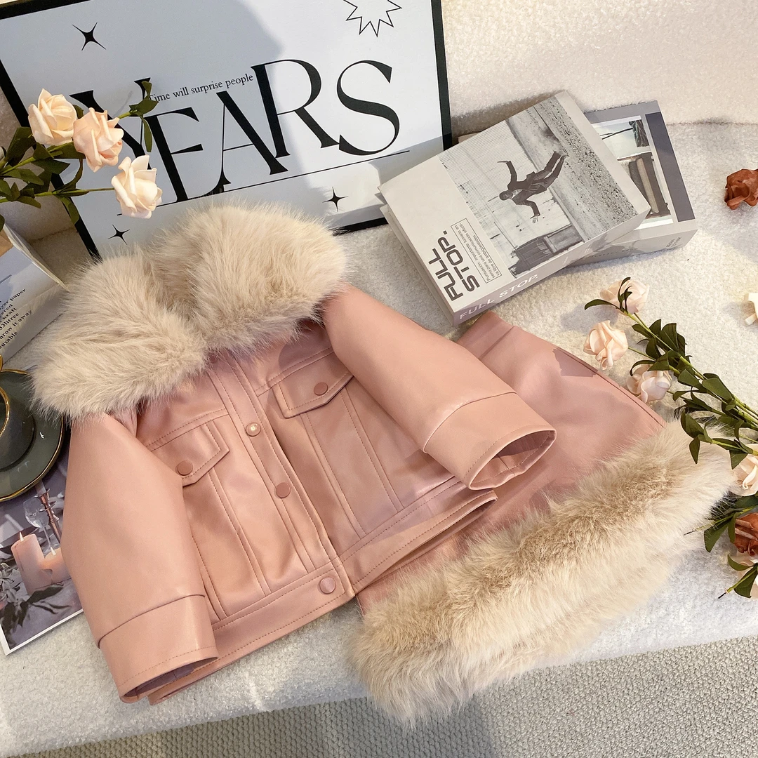 SD2024冬装新款 加绒保暖 皮外套休闲套装女童洋气气质皮短裙6118