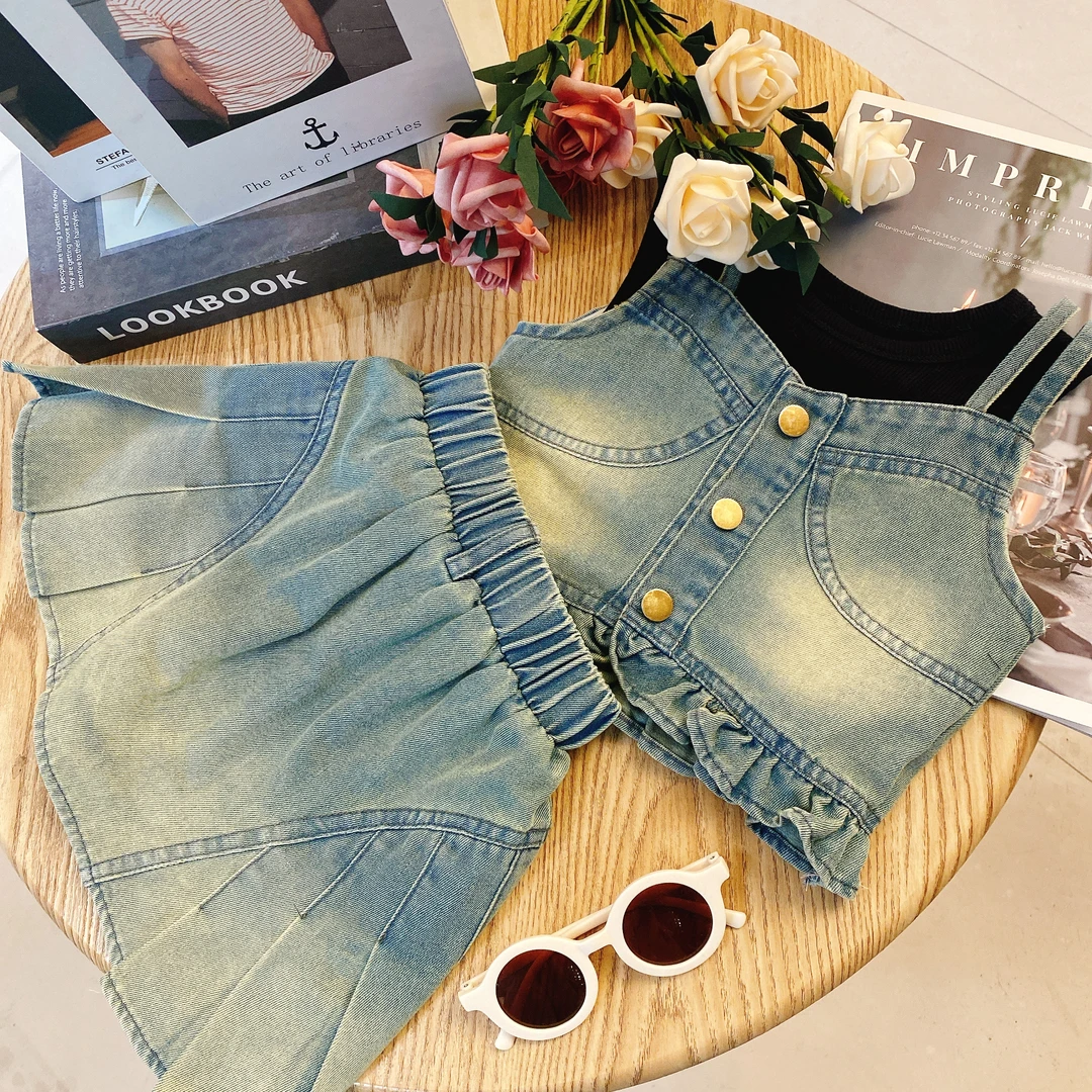 SD韩版童装2024夏季新款女童洋气牛仔挂脖背心时髦牛仔裙裤8181