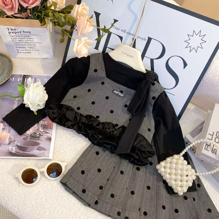 SD韩版女童复古洋气时尚春季百搭好看网红背心百褶裙套装7032