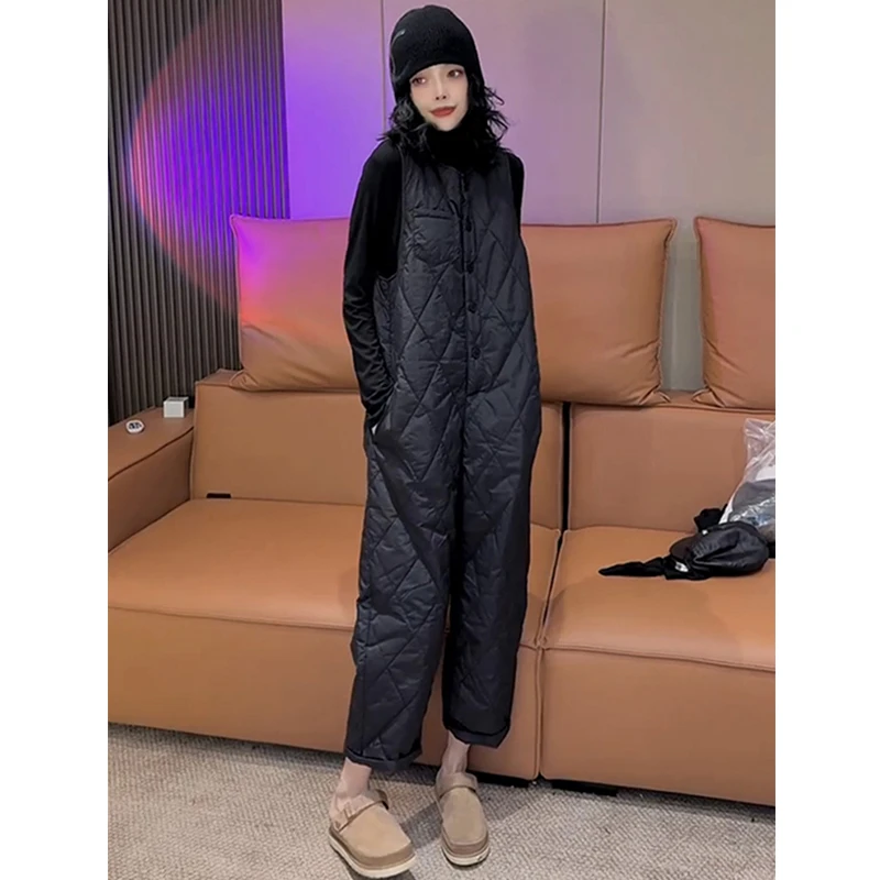 欧洲站2024秋冬新款菱格显瘦单排扣减龄连体裤女百搭纯色休闲裤潮