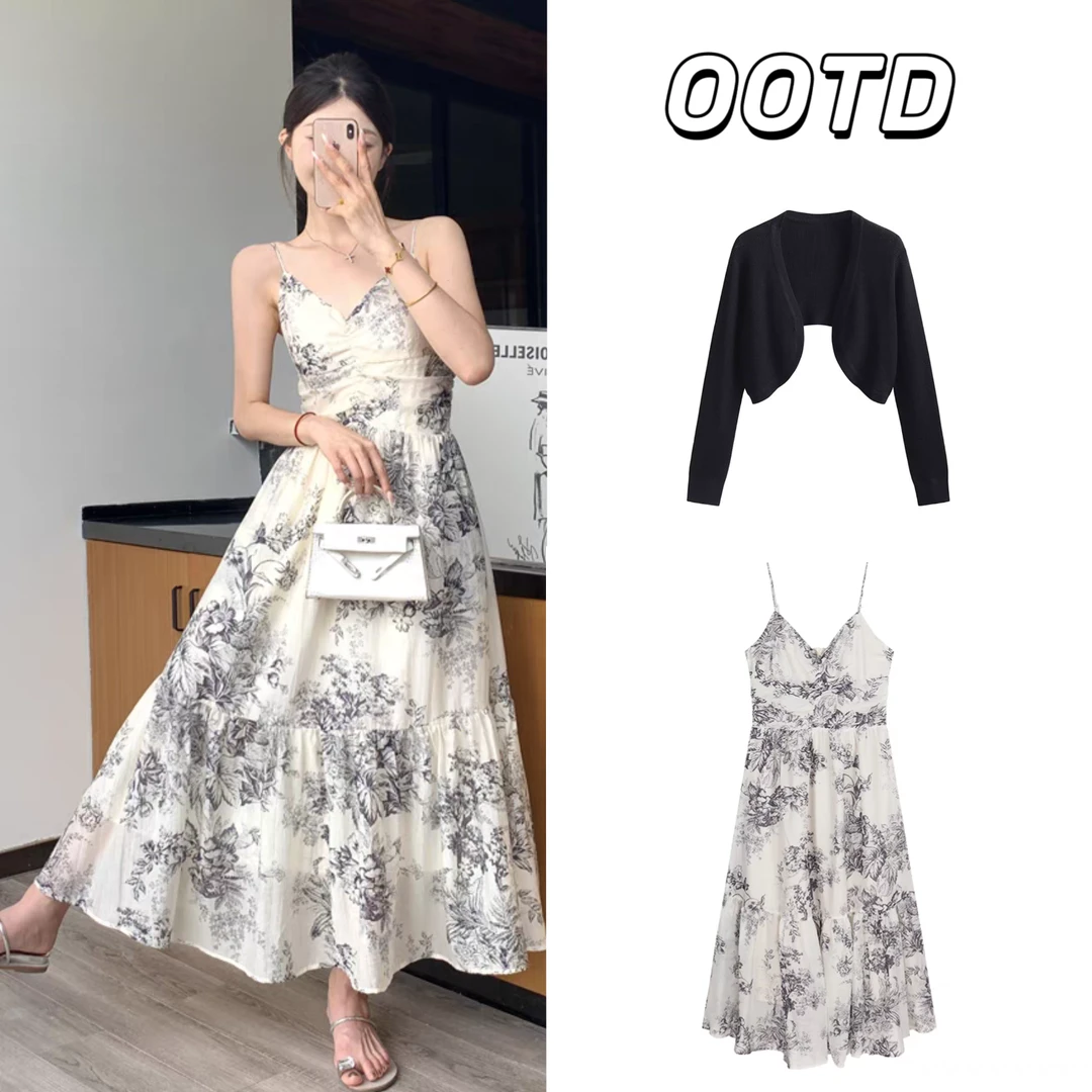无袖吊带连衣裙2025夏季新款设计感水墨画收腰显瘦长裙+防晒披肩