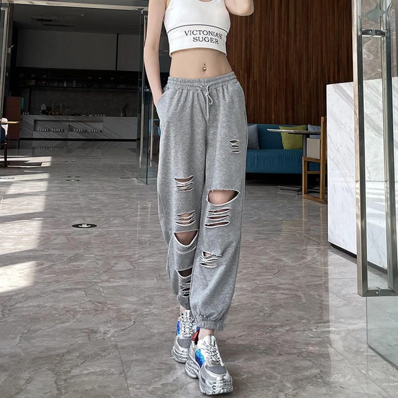 灰色破洞运动裤女春秋高腰显瘦小个子时尚潮流休闲束脚哈伦卫裤子