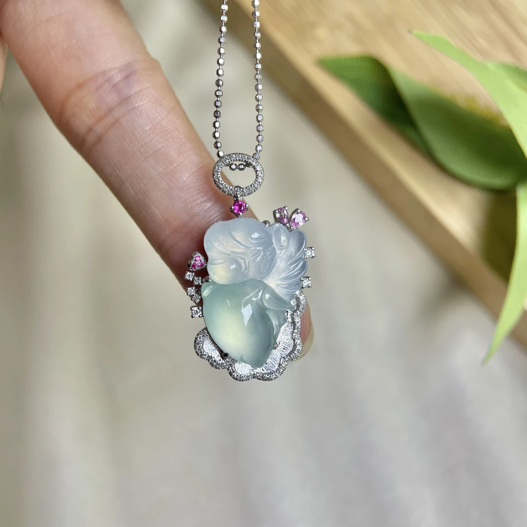 天然A货翡翠高冰种飘花仙子吊坠18k金南非真钻镶嵌项链轻奢款S