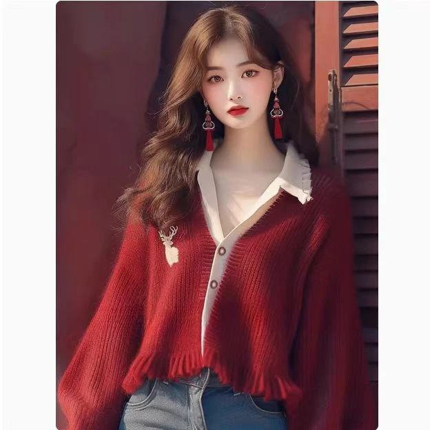 法式毛衣韩系宽松慵懒2024秋季新款高级感时髦假两件印花针织开衫