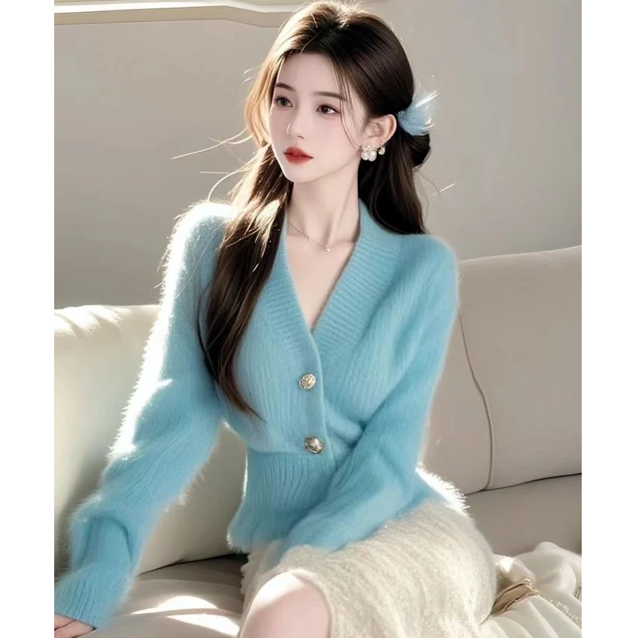 冬季女奶fufu慵懒风蓝色针织爆款上衣超好看2024年爆款韩系毛衣女