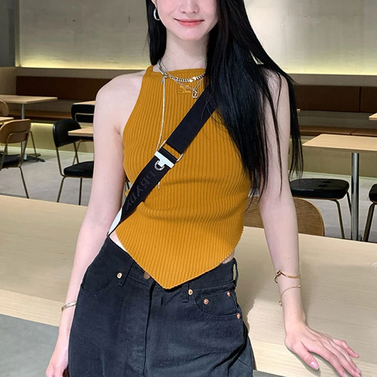 高级感姜黄色针织吊带背心女2024夏季新款修身辣妹无袖挂脖上衣小