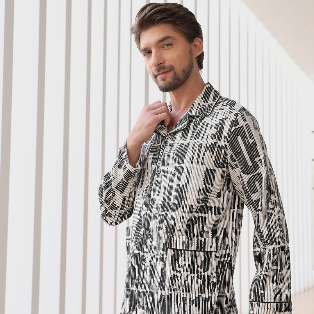 春秋季可外穿简约睡衣翻领宽松套装休闲长袖长裤男士家居服