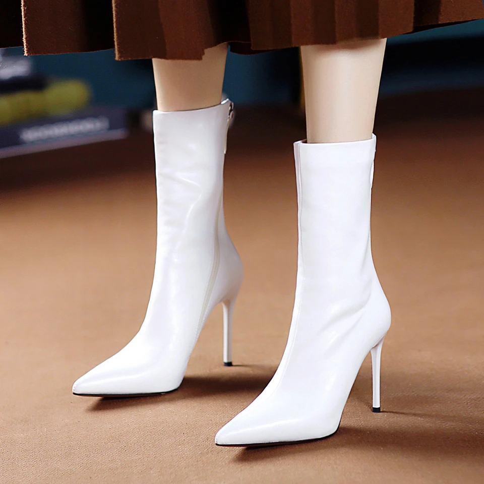 米白色短靴女细跟尖头拉链秋冬季高跟鞋裸靴6622-2