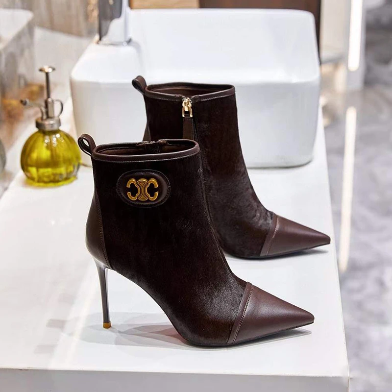 （真马皮）细高跟短靴女百搭黑色秋冬季裸靴细跟尖头高跟鞋903-20