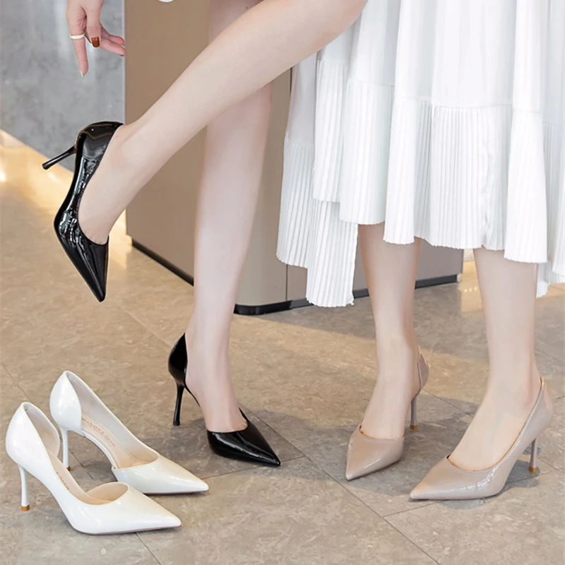 侧面空浅口高跟鞋细跟尖头漆皮性感百搭黑色夏季女单鞋3325-10