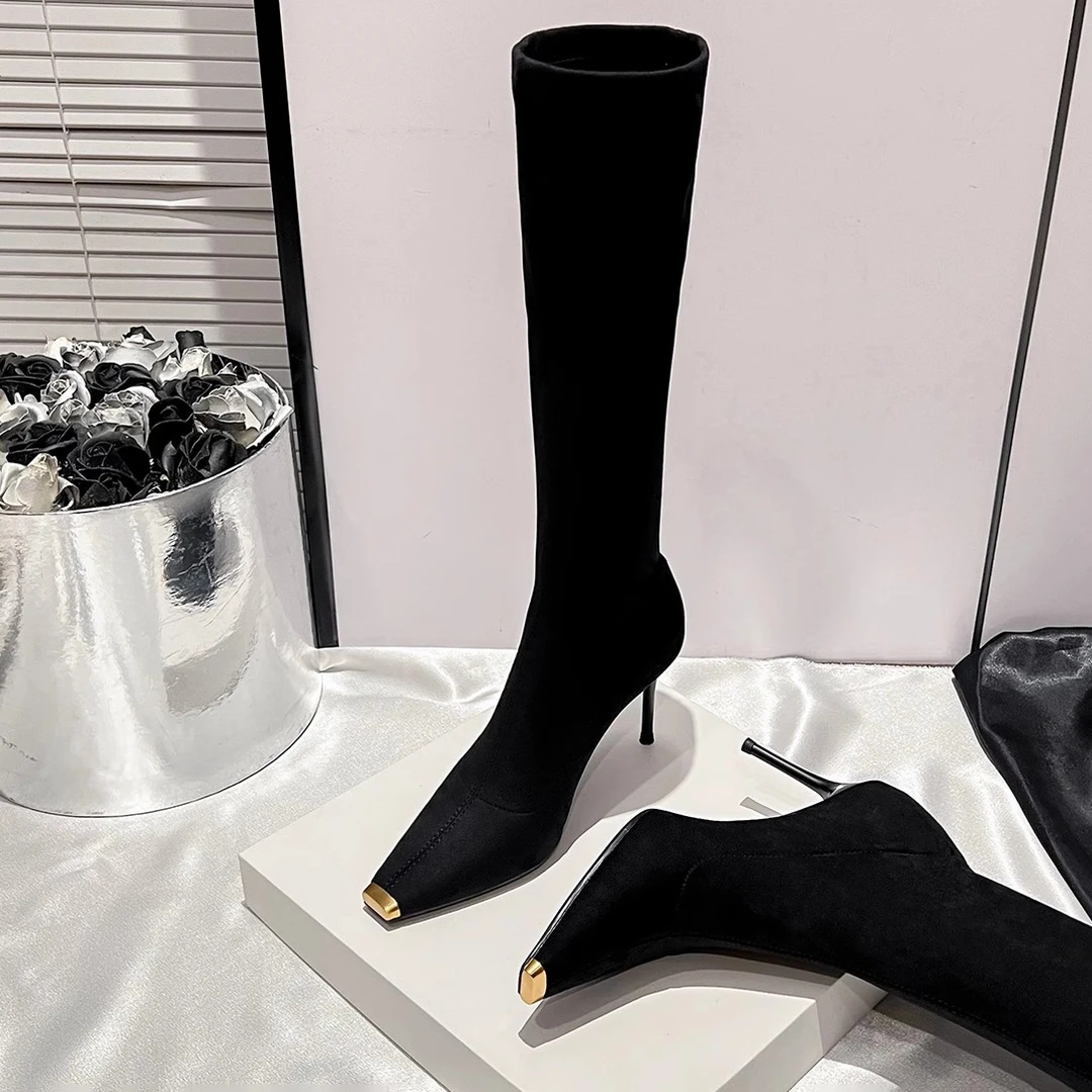 小方头长靴女细跟尖头防踢金属鞋头黑色弹力瘦瘦靴长靴6603-1