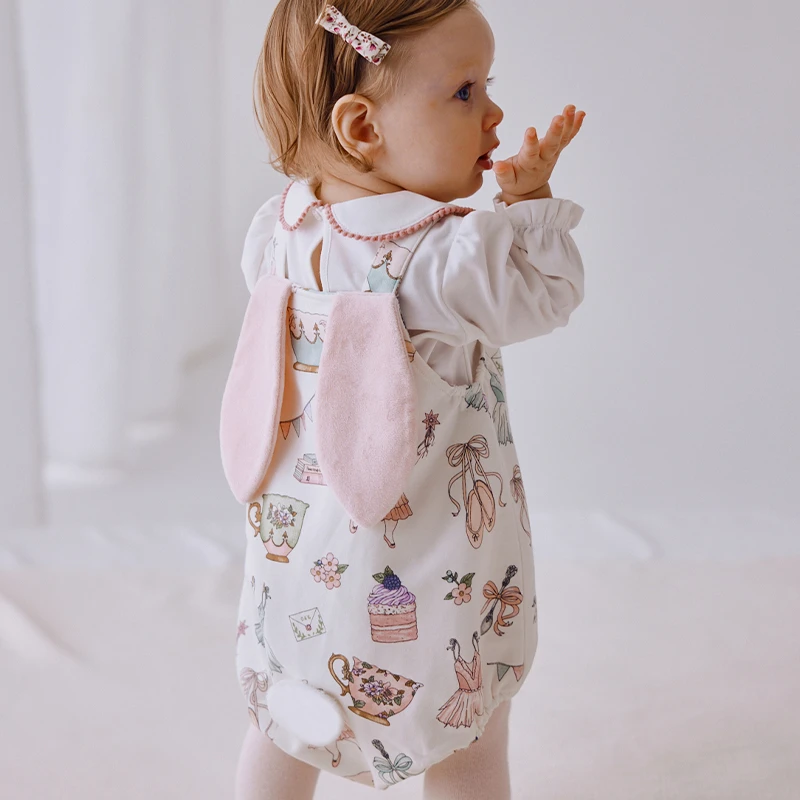 Oakfamily婴幼儿女童夏季甜美风连体背带裤小月龄婴童连体衣纯棉