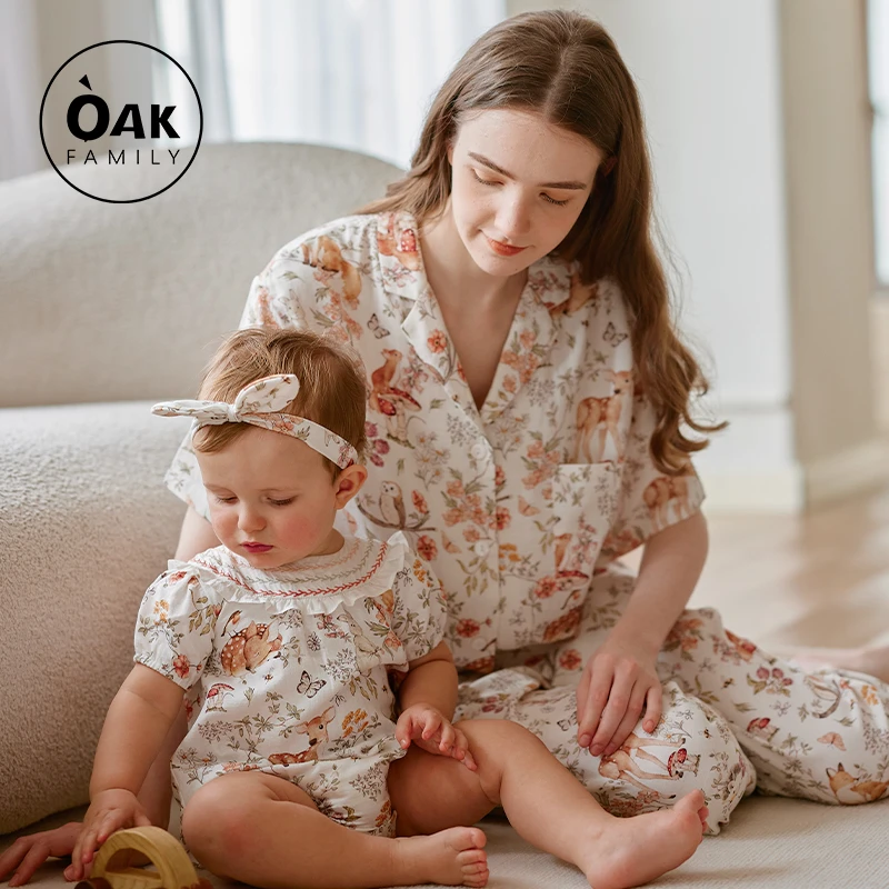 Oak Family女士套装夏季棉纱布孕妇家居服宽松睡衣短袖长裤亲子装