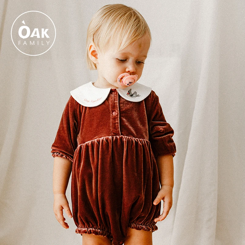 Oak family婴儿衣服宝宝春冬季红色丝绒包屁衣满月百日连体衣洋气