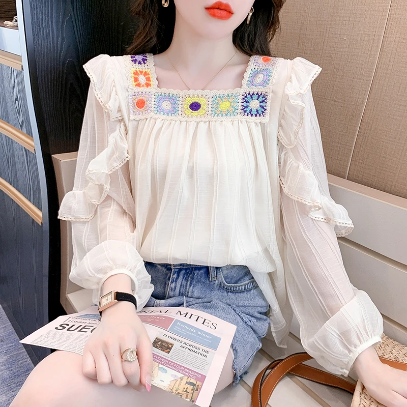 甜美绣花雪纺衬衫女2023秋季新款法式荷叶边方领长袖宽松显瘦上衣