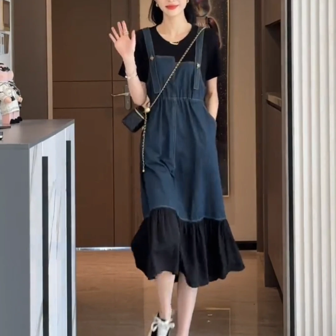欧货撞色拼接牛仔假两件连衣裙女夏季时尚休闲宽松显瘦减龄背带裙