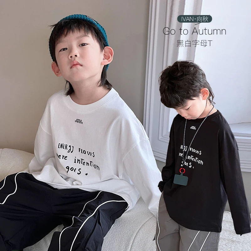 【2024现货秋装】男童黑白色字母T恤百搭打底 ivan家童装 昕 DZ4341