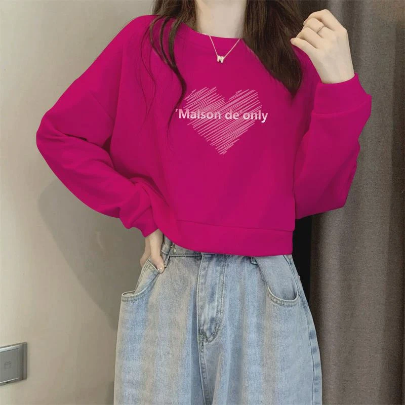 火龙果色小众卫衣女春秋2024新款小个子短款高腰圆领上衣薄外套