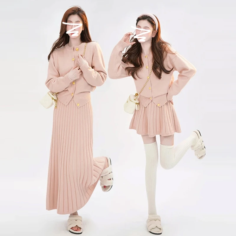 YM7233小香风温柔洋气套装韩系百搭小个子甜美粉色针织上衣百褶裙