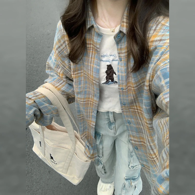 YM0405韩系穿搭格子衬衫外套女早秋季新款爆款设计感小众复古上衣