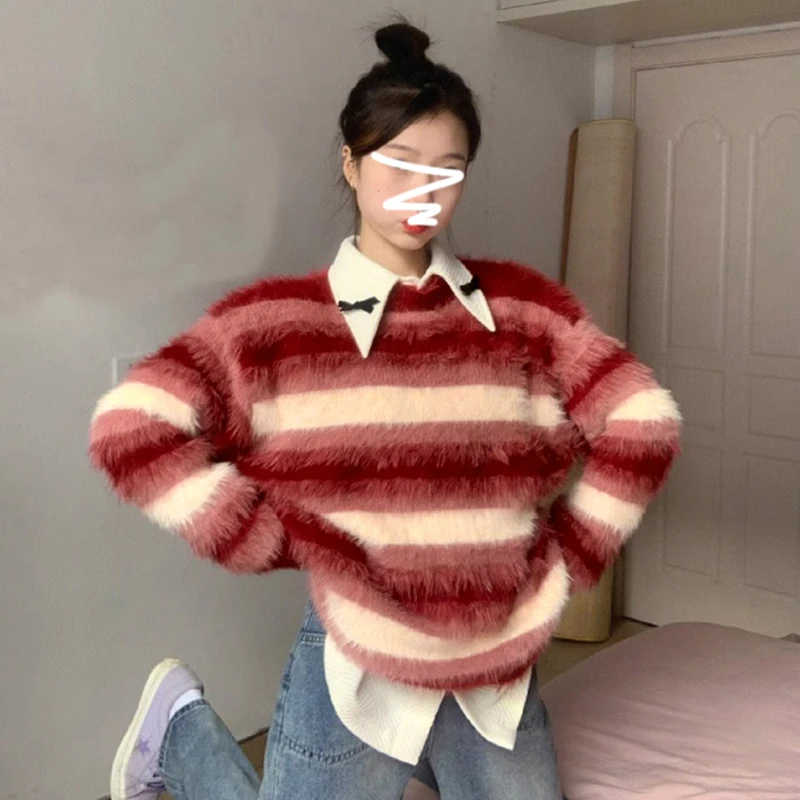 YMH099秋冬百搭宽松韩版红白条纹毛衣圣诞节撞色喜庆上衣慵懒风
