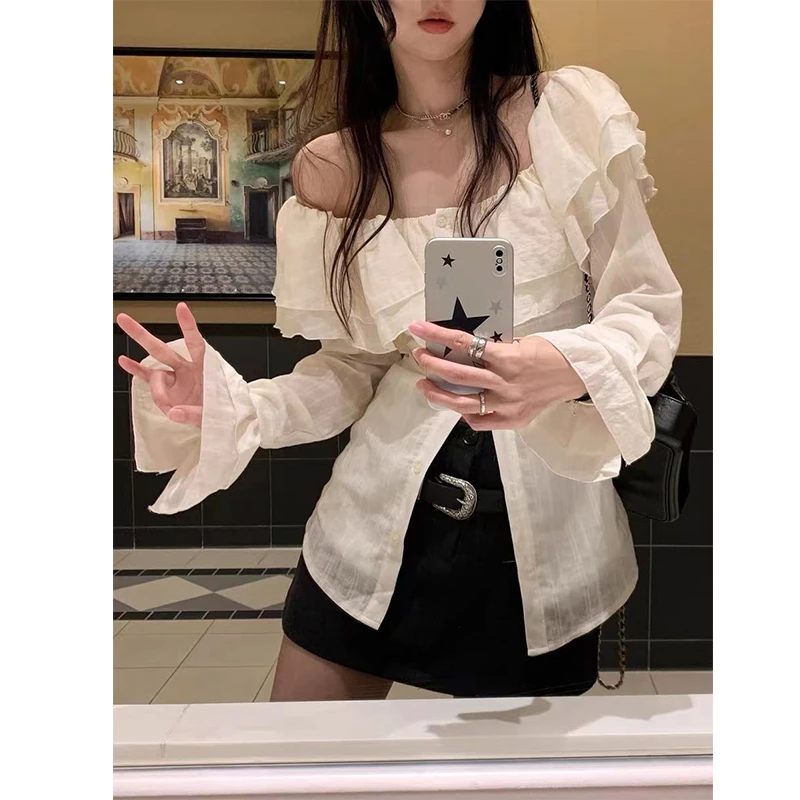 YM8022荷叶边一字肩长袖衬衫女装早秋设计感小众上衣别致绝美法式