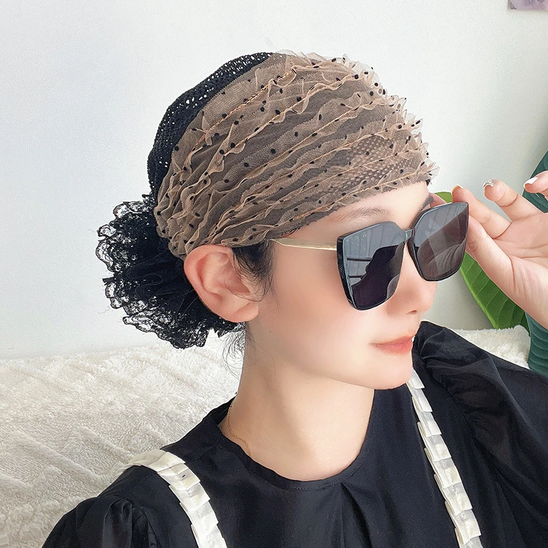 新品波点假发帽遮白发收碎发防掉发帽子妈妈帽透气网格包头帽时尚