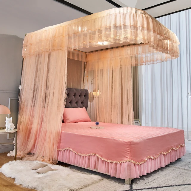 维美诗U型导轨支架三开门家用卧室双人床免安装新款升降落地蚊帐