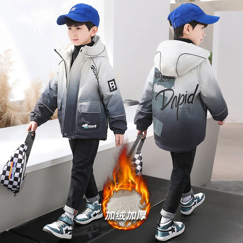 男童渐变加绒派克服棉衣外套童装儿童棉服中大童冬装韩版时尚外套