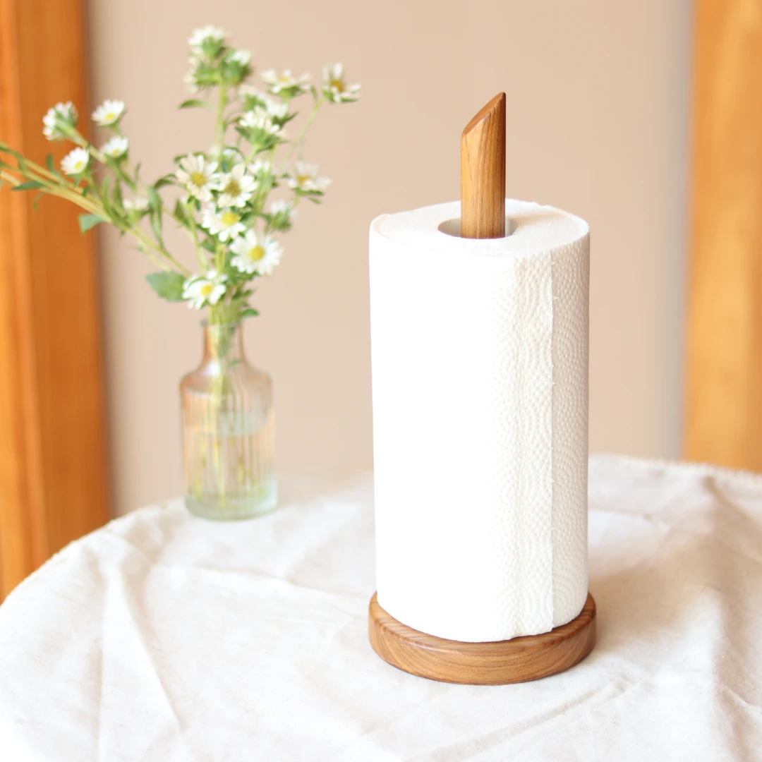 小钟名木 缅甸柚木实木厨房纸巾架收纳木质家用台置立式抹布架